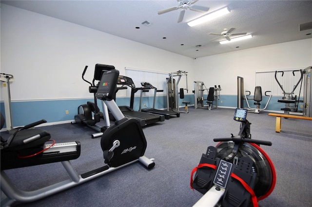 workout area featuring carpet floors, ceiling fan, and a textured ceiling