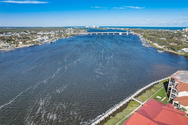 drone / aerial view featuring a water view