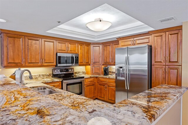 kitchen featuring light stone counters, a tray ceiling, sink, and stainless steel appliances