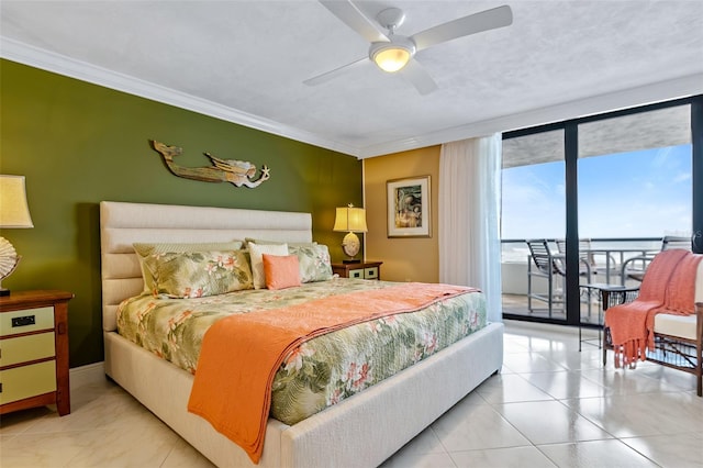 bedroom with a wall of windows, ceiling fan, light tile floors, and crown molding