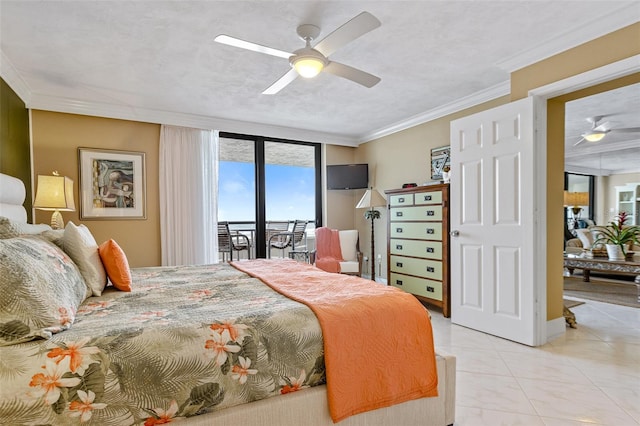 bedroom featuring access to exterior, ceiling fan, light tile floors, ornamental molding, and expansive windows