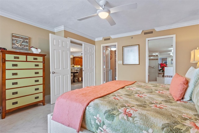 tiled bedroom featuring connected bathroom, ceiling fan, and crown molding