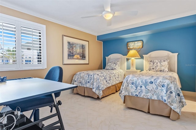 bedroom featuring light tile floors, ceiling fan, and crown molding