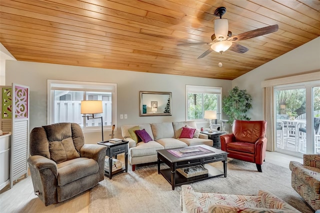 carpeted living room featuring wood ceiling, ceiling fan, and lofted ceiling