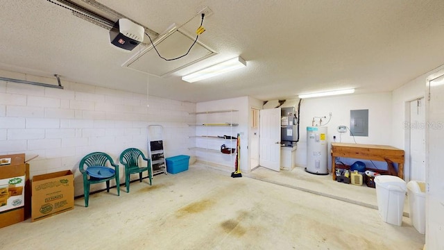 garage with water heater and a garage door opener