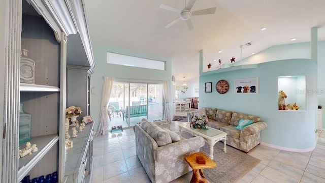 living room featuring lofted ceiling, light tile flooring, and ceiling fan