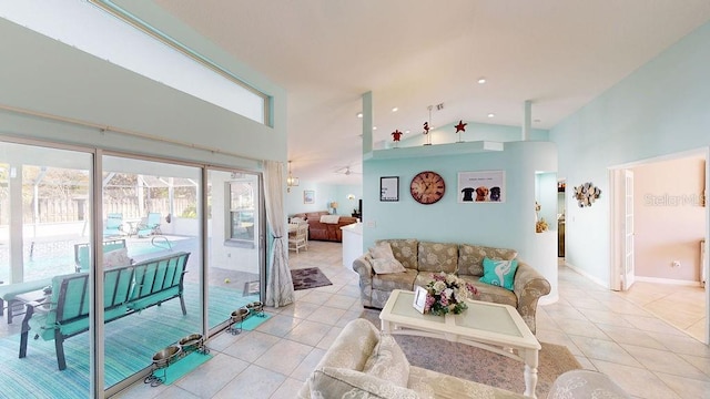 tiled living room with high vaulted ceiling