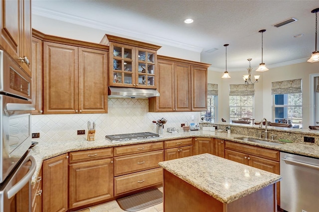 kitchen with hanging light fixtures, a notable chandelier, appliances with stainless steel finishes, and sink