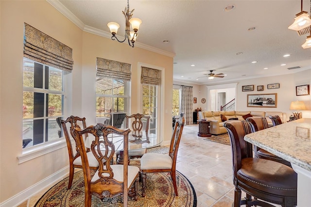 dining area with crown molding, light tile flooring, a textured ceiling, and ceiling fan with notable chandelier