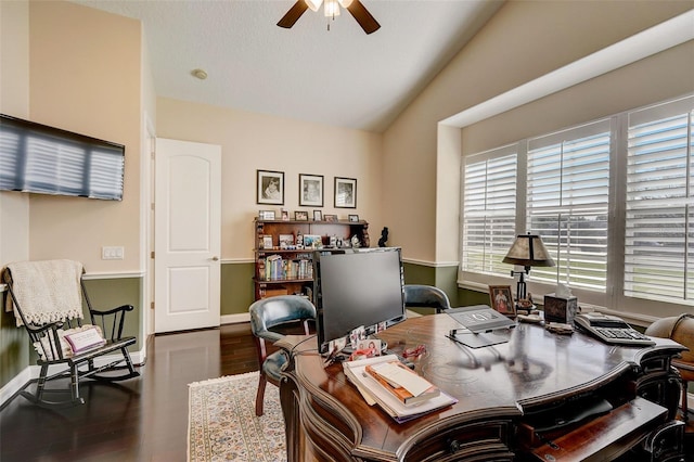 office with lofted ceiling, ceiling fan, and dark hardwood / wood-style floors