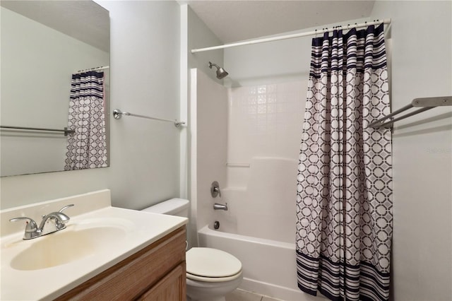 full bathroom featuring vanity, shower / bath combo, and toilet