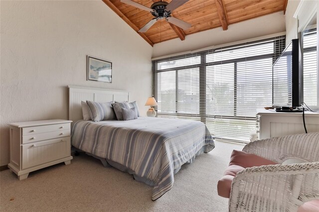 4875 S Atlantic Ave Unit E, New Smyrna Beach, FL 32169 - carpeted bedroom featuring beamed ceiling, wooden ceiling, ceiling fan, and multiple windows
