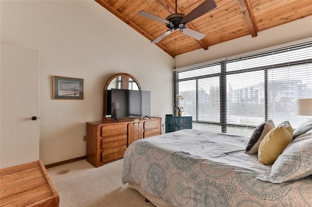 4875 S Atlantic Ave Unit E, New Smyrna Beach, FL 32169 - carpeted bedroom featuring high vaulted ceiling, ceiling fan, wood ceiling, and beamed ceiling