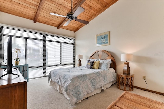4875 S Atlantic Ave Unit E, New Smyrna Beach, FL 32169 - carpeted bedroom with high vaulted ceiling, wooden ceiling, ceiling fan, and beamed ceiling