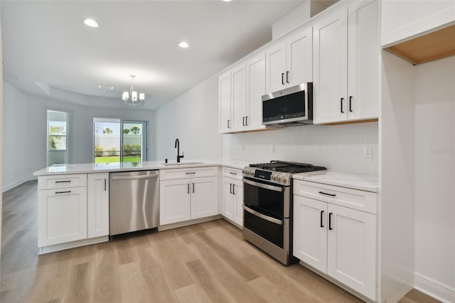 kitchen with kitchen peninsula, white cabinetry, sink, and stainless steel appliances