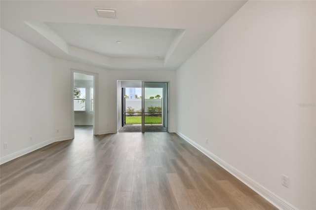 spare room with light hardwood / wood-style floors and a raised ceiling