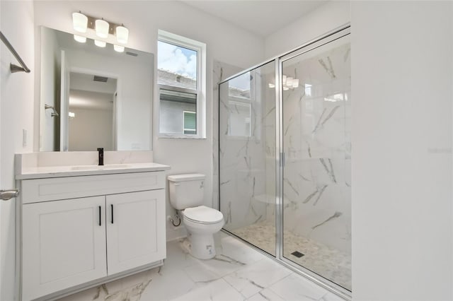 full bathroom featuring a marble finish shower, visible vents, toilet, marble finish floor, and vanity