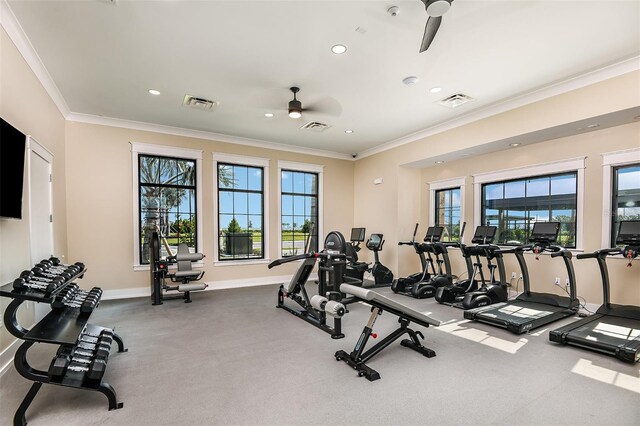 gym with baseboards, ceiling fan, visible vents, and crown molding