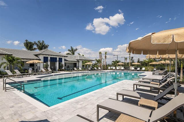 view of swimming pool featuring a patio