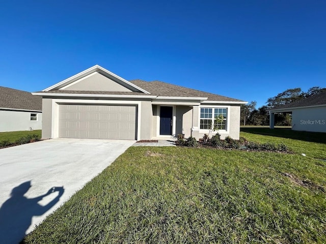 ranch-style home with a garage and a front yard