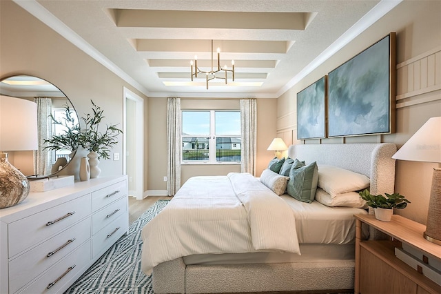 bedroom with ornamental molding, coffered ceiling, an inviting chandelier, and light hardwood / wood-style floors