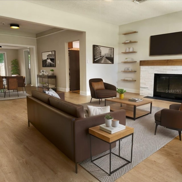 living room featuring a fireplace and wood-type flooring