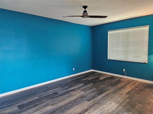 unfurnished room with ceiling fan, hardwood / wood-style flooring, and a textured ceiling