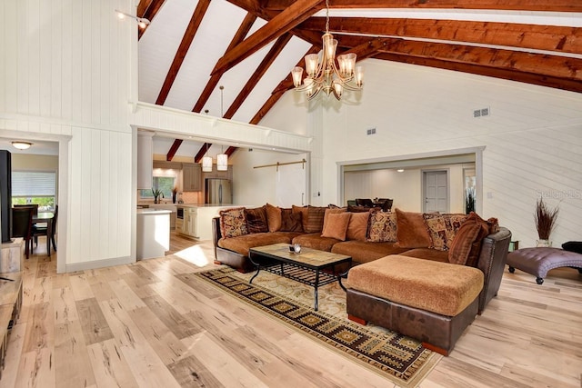 living room with a chandelier, high vaulted ceiling, light hardwood / wood-style flooring, wooden walls, and beam ceiling