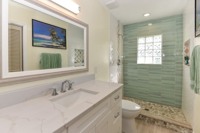 bathroom with vanity, toilet, and a tile shower