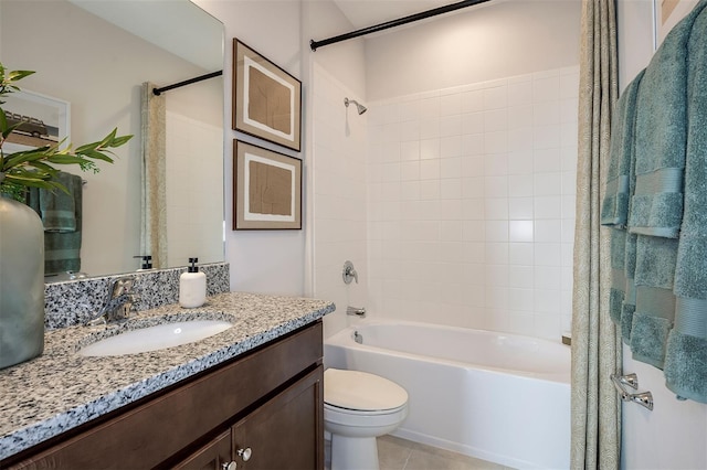 full bath featuring toilet, shower / tub combo, tile patterned floors, and vanity