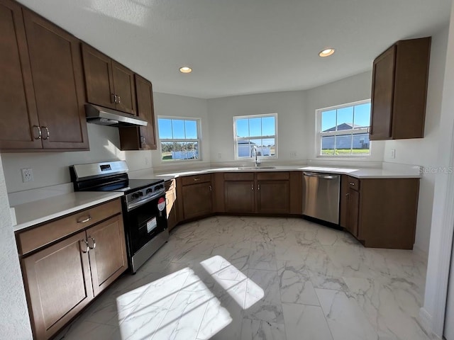 kitchen with dark brown cabinetry, plenty of natural light, stainless steel appliances, and sink