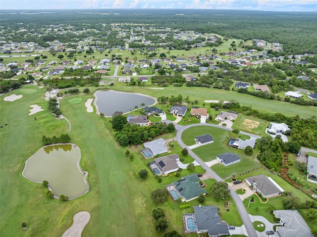 aerial view featuring a water view, a residential view, and golf course view