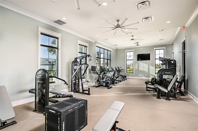 workout area with ceiling fan and ornamental molding