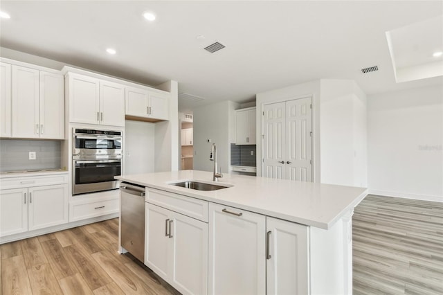 kitchen with stainless steel appliances, a sink, white cabinets, and decorative backsplash