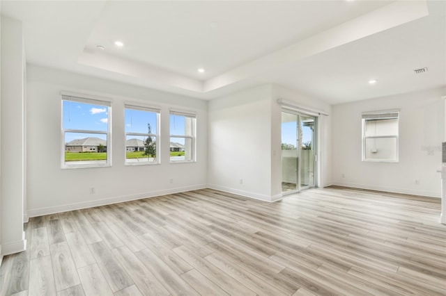 interior space with light wood-type flooring, a raised ceiling, plenty of natural light, and baseboards