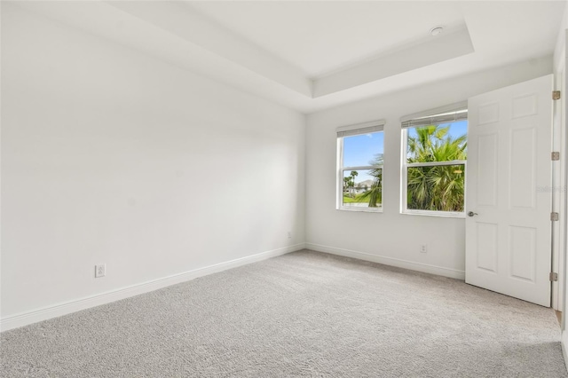 spare room with a tray ceiling, light carpet, and baseboards