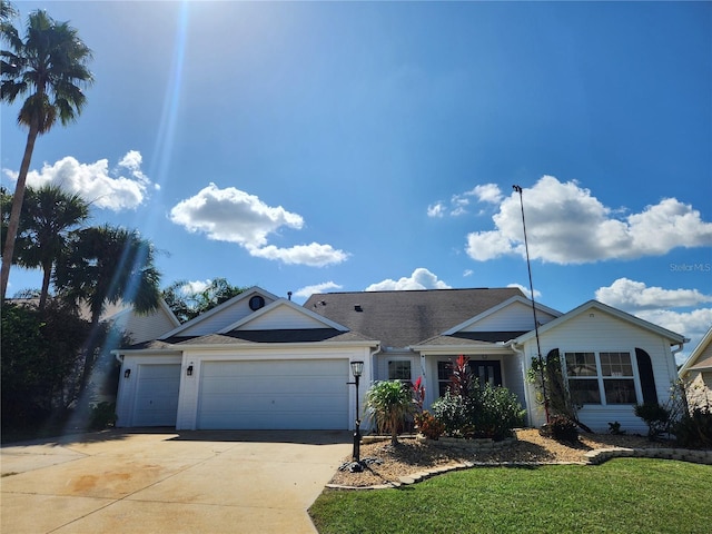 single story home with a garage and a front lawn