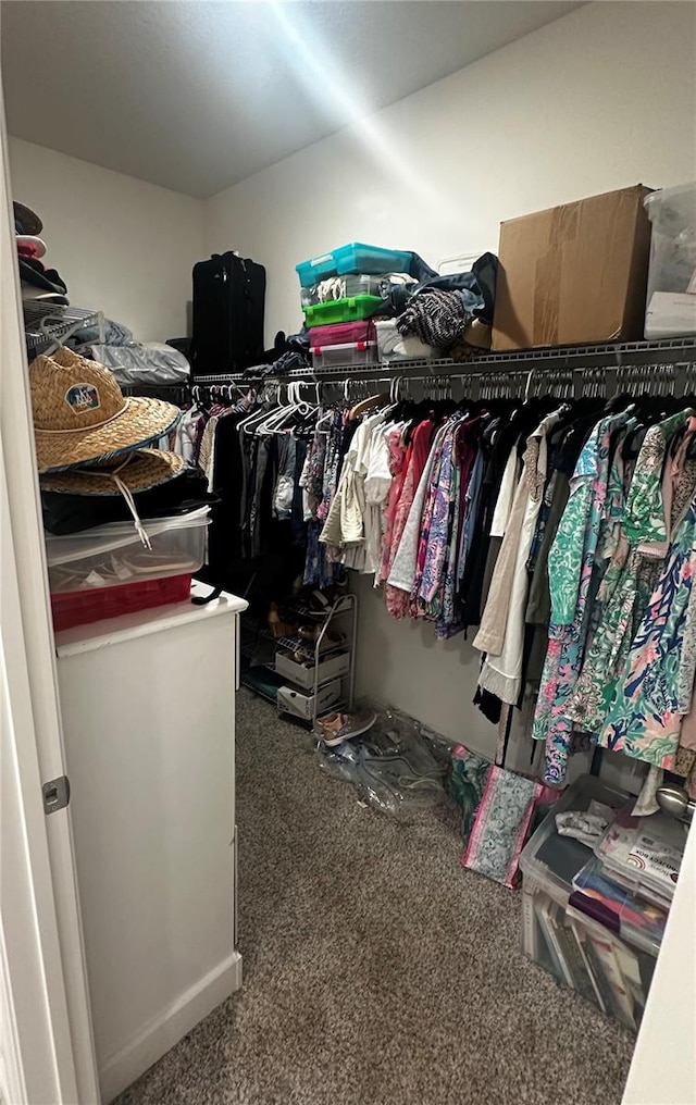 walk in closet with dark colored carpet