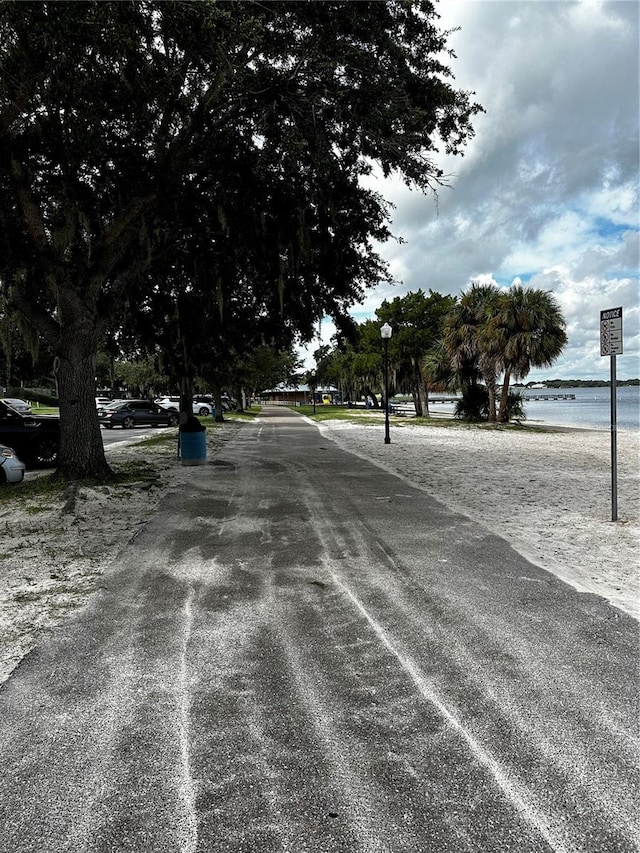 view of street with a water view