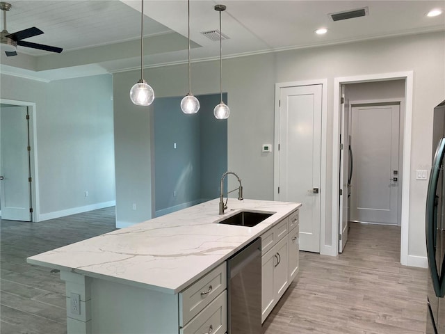 kitchen with appliances with stainless steel finishes, white cabinetry, an island with sink, ceiling fan, and sink