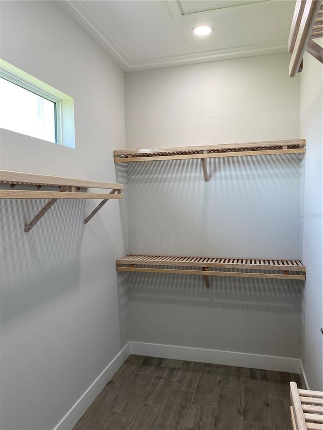 walk in closet with beam ceiling and dark hardwood / wood-style floors