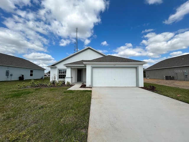 ranch-style home with driveway, a garage, cooling unit, a front lawn, and stucco siding