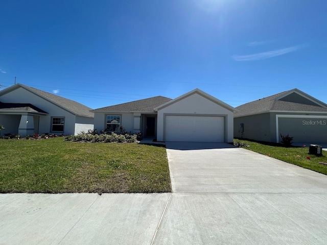 single story home with stucco siding, concrete driveway, a front lawn, and an attached garage