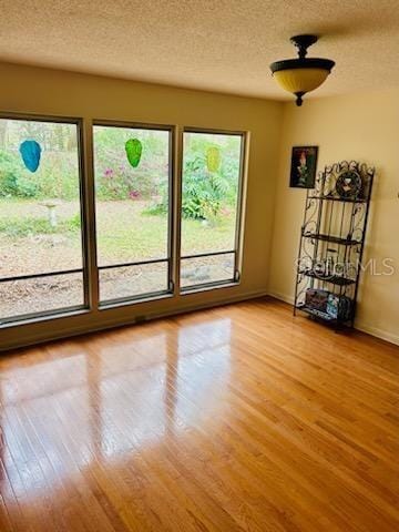 unfurnished room with light hardwood / wood-style flooring and a textured ceiling