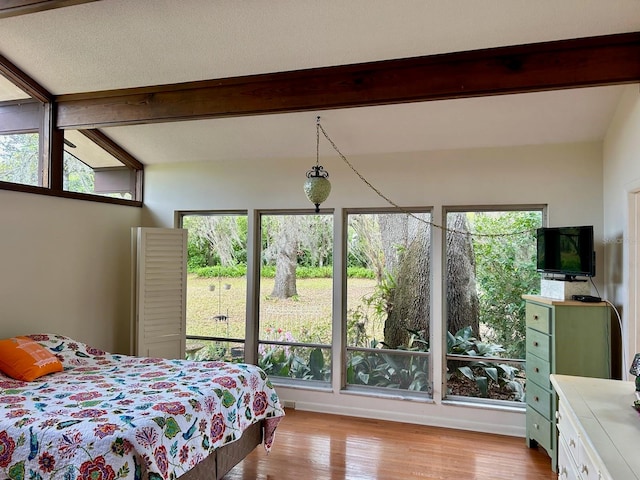 bedroom featuring multiple windows, light hardwood / wood-style floors, and beamed ceiling