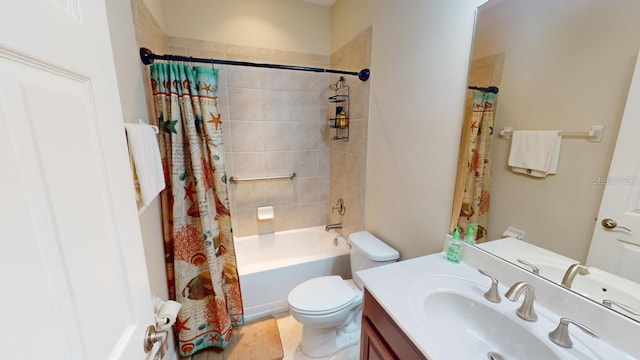 full bathroom featuring shower / tub combo, tile patterned flooring, vanity, and toilet