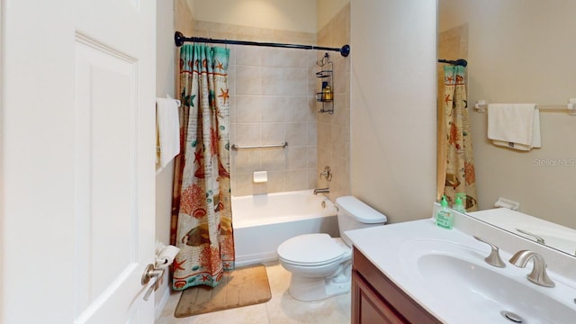 full bathroom with vanity, tile patterned flooring, shower / tub combo, and toilet