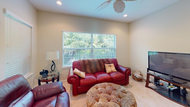 living room featuring ceiling fan