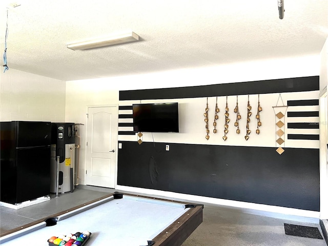 game room with water heater, a textured ceiling, and billiards