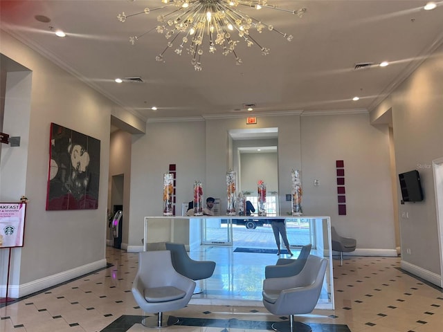 bar with crown molding and a notable chandelier